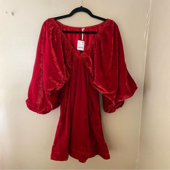 Free People Portia velvet mini dress Red puff sleeves baby doll NWT Sz XS - Picture 11 of 11